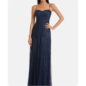 JS Collections Navy Blue Mesh Overlay Formal Gown